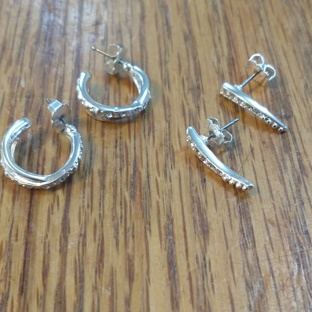 Two pair silver & clear gem earring semi circle & curved bar backs marked SHB